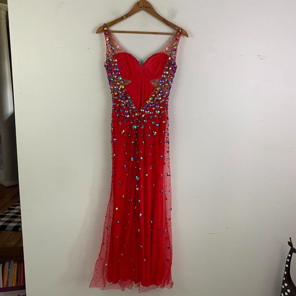 MORI LEE red beaded v neck formal maxi dress - Picture 6 of 7